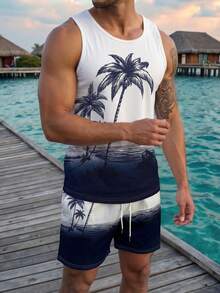 男士夏季棕榈树印花无袖背心和休闲短裤套装，男士度假风无袖背心套装 - 彩色 - 查看 4