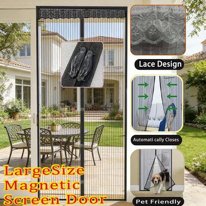 1件黑色条纹磁性门帘 - 夏季透气蕾丝薄纱，柔软涤纶面料，竖条纹设计，适用于家居、露台、浴室、厨房 | 时尚家居装饰、门帘、浴室屏风、现代装饰、安装简便