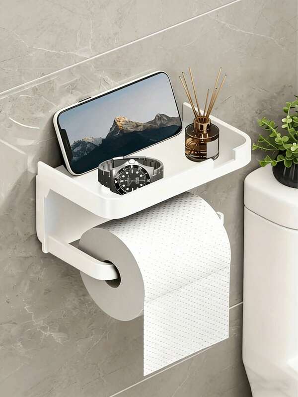 1pc No Drill Toilet Paper Holder, Luxury Self-Adhesive Wall-Mounted Bathroom Tissue Paper Towel Rack With Storage Shelf, Wall-Mounted Drawer-Style Toilet Paper Holder With Phone Stand, Multi-Function Storage Rack, Durable Plastic Structure, Suitable For Toilet Paper, Towels, Smartphones And Watches, Ideal For Home And Hotel Bathrooms, Bathroom Accessories, Space-Saving Modern Design
