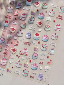 1 Birthday Happy Theme Nail Sticker, Cake Candle Pattern, Gift Design, Self-Adhesive 5D Stereo Cartoon Sticker, Suitable For Home Nail Salon, Women's DIY Birthday Celebration Nail Supplies, Birthday Wishes - Multicolor - View 2