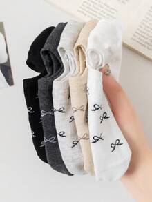 5 Pairs Women's Spring/Summer Essential Transparent Bow Tie Low Cut Invisible Socks, INS Fashion Versatile White Soft Breathable Non-Binding Socks, Suitable For Students (Random Delivery) - Multicolor - View 2