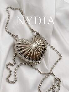 1pc Silver Pleated Heart-Shaped Mini Crossbody Bag, Y2K Style Metal Chain Lipstick Bag, Retro Shiny Mini Women Shoulder Bag, Suitable For Party & Daily Wear - Silver - View 10