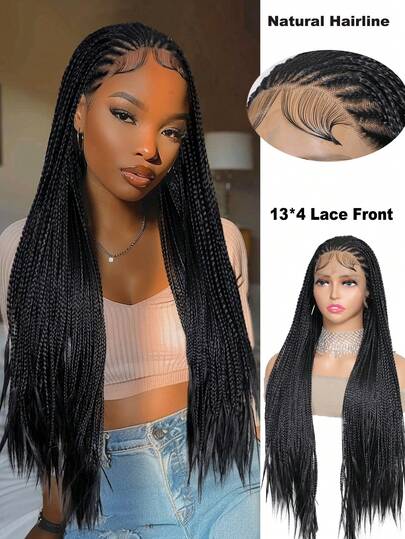 Synthetic Wig 13*4 Heat-Resistan And Breathablet Box Braided Wigs Knotless Cornrow Braids Synthetic Black Handmade Multi Strand BraidsWigs For Women