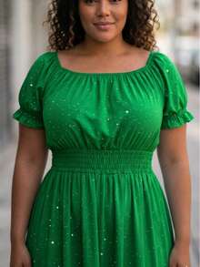 Plus Size Evangelical Long Dress, Adult, Duna Pipoca Elastex, Two Ways To Wear, One Size Fits 36-46, Updated Elegance, Comfort & Style, Boho Elegant, Party, Gathered Fabric, Ruffled Hem, Ruffled Dress, Holiday, Vacation, Daily, Home, Summer - 綠色 - 查看 3