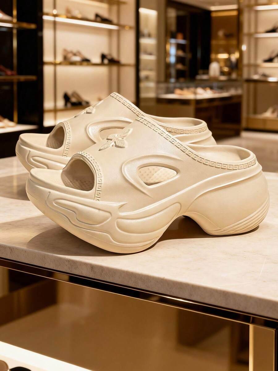 W 女士9厘米厚底防水十字花纹拖鞋，防滑轻便加厚防水拖鞋 - 米色 - 查看 1