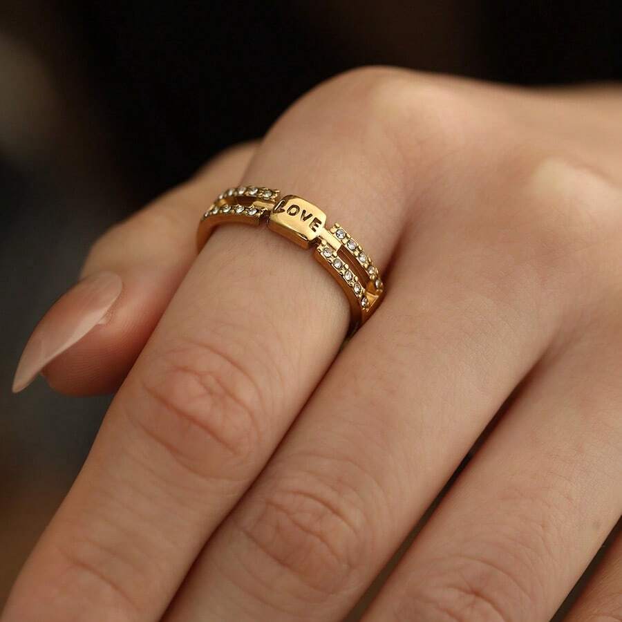New Romantic Valentine's Day LOVE Rhinestone Ring, Niche Design Versatile Open Ring - Golden 8 - View 1