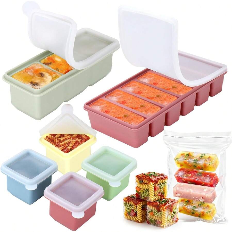 Rain Silicone Freezer Trays Set , 6 Pack BPA 1/2 Cup Silicone Freezer Molds With Lids, Control Portion Soup Freezer Containers Souper Food Cube Storage & Meal Prep - 1 - 查看 1