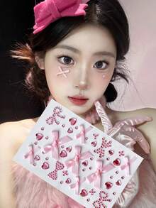 粉色3D缎面蝴蝶结爱心水钻贴纸，少女风水钻贴纸，适用于手机壳装饰、DIY手工、舞台妆容、手账装饰、芭蕾舞Y2K美学配饰、不透明可移除贴纸、创意美甲水钻装饰、演唱会妆容、面部装饰 - 粉色 - 查看 3