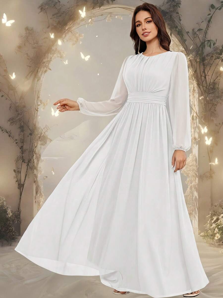 Volly Toych 白色優雅 A 字大圓領長袖拖地雪紡正式禮服，婚紗、婚禮賓客禮服，無內襯袖子，適合秋季