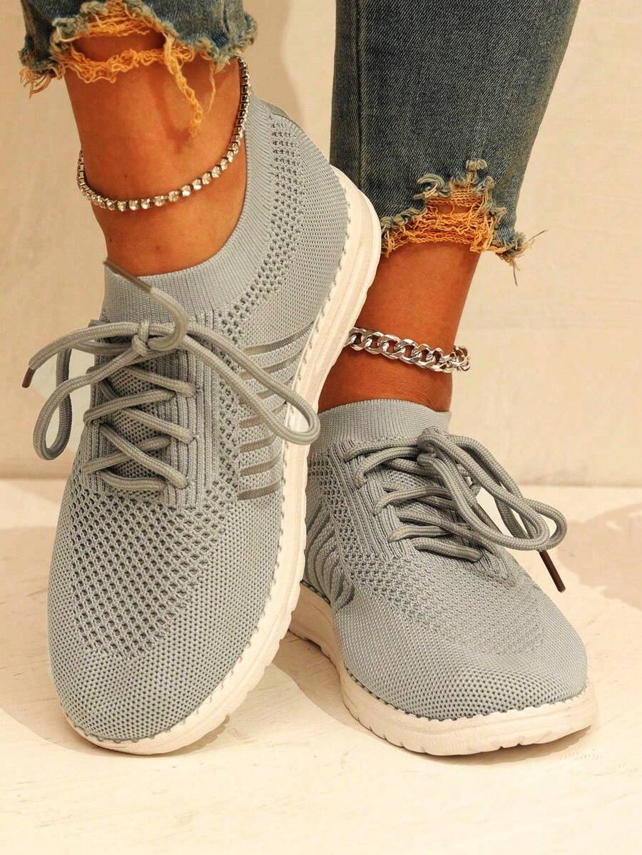 Women's Running Shoes Casual Breathable Sports Shoes Fashionable Lightweight Sneakers Women'S Lightweight Breathable Knit Walking Shoes - Soft EVA/PVC Sole, Low-Top Summer Sneakers With Fabric Upper & Lining, Multiple Colors For Casual & Light Exercise, Ladies Shoes - 灰色 - 查看 1
