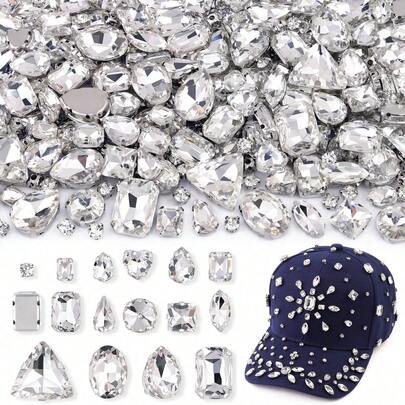 130pcs White Crystal Claw Rhinestones, Glass Hand-Sewn Diamonds, DIY Clothing & Accessories Materials, Sewing Glass Gems Metal Claws, Mixed Shape Sewing Stones, DIY Hats, Shoes, Crafts, Jewelry Decoration Accessories