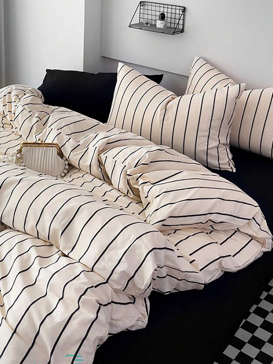 3pcs 100% Cotton Nordic Style Versatile Striped Cotton Bedding Set, 2 Pillowcases + 1 Duvet Cover