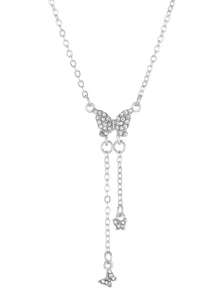 1pc Steel Color Bowknot Necklace With Tassel, Rhinestone Decor Elegant Necklace, Daily Accessory & Gift Jewelry - Silver - View 4