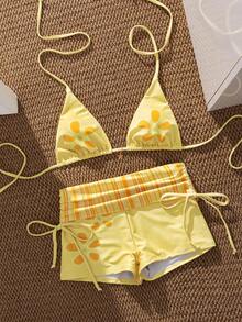 PEPPERMOLLY Bộ bikini 2 mảnh in hoa màu đỏ đậm bán chạy nhất mùa Xuân/Hè 2026, chất liệu co giãn, thiết kế gợi cảm và thời trang, mặt hàng bán chạy nhất cho kỳ nghỉ biển của nữ. - Màu vàng - Xem 4