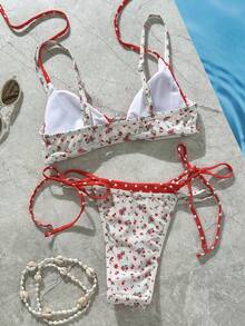 女士泳衣，度假可爱比基尼，红白波点雏菊图案，适合外出、音乐节、度假、新娘、婚礼宾客等场合，优雅套装，夏季/西式女士/夜店/海滩泳装 - 紅色 - 查看 9