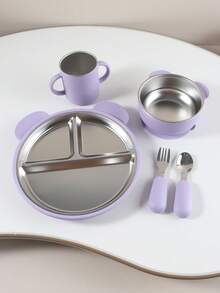 5 PIEZAS Juego de alimentación personalizado para bebé - Plato de acero inoxidable con 3 secciones y funda de silicona grabado, taza a juego, tazón y utensilios con mango de silicona - Multicolor - Ver 10
