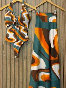 Premium Beach Cover-Up Set: Bodysuit, Swimsuit, And Pareo - Lume Print - View 3