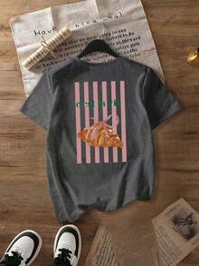 Áo thun nữ tay ngắn dáng casual với họa tiết croissant và sọc tươi sáng, cổ tròn, thích hợp mặc mùa xuân/hè, áo thun nữ, quần áo nữ mùa hè/thu, áo khoác ngoài nữ, trang phục nữ ngày Valentine, trang phục nữ, trang phục ngày lễ. - Màu xám đen - Xem 6