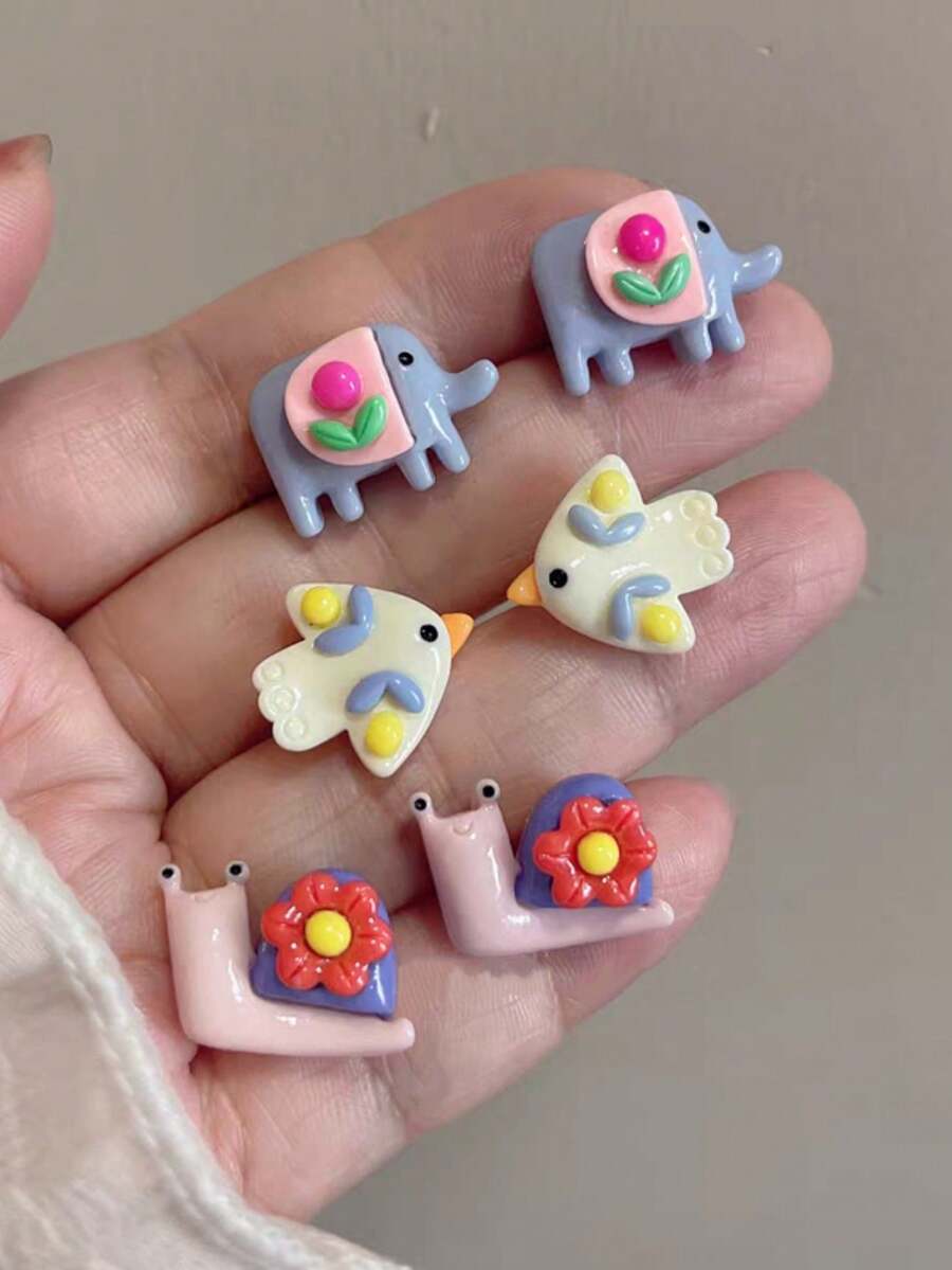 3 Pairs Versatile Cute Elephant, Bird And Snail Stud Earrings Set, Fashionable And Sweet, Suitable For Women's Daily, Festival And Holiday Wear