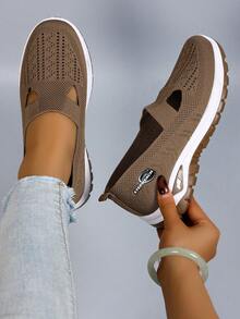 STEPREACH 新款女士休闲运动鞋，网布材质，透气舒适，镂空设计，时尚轻便，耐穿柔软 - 卡其色+logo - 查看 2