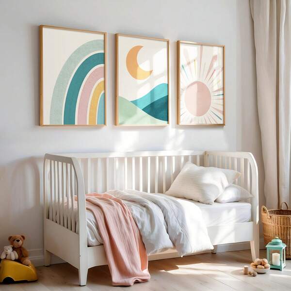 Bộ ba tranh trang trí phong cách Bắc Âu (có khung hoặc không khung) dành cho phòng ngủ trẻ em, với các họa tiết phong cảnh Bohemian kỳ ảo, hoàng hôn, mặt trăng và cầu vồng.