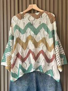 Women's Casual Vacation Style Colorblock Zigzag Print Open Knit Flare Sleeve Loose Sweater, Spring/Summer - Green - View 2