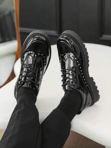 Men's Vintage Thick-Sole Elevator Shoes, Dark Wrinkled Lace-Up Derby Formal Shoes, Platform Work Casual Sneakers, Street Fashion Essential - Black - View 4