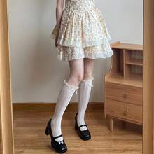Women's Vintage Mary Jane Lace Mid-Calf Socks - Striped, Hollowed-Out, Breathable Design With Bow Decoration, Lightweight Summer Socks Suitable For Casual And Formal Outfits, Lace Socks, Women's Fashion Accessory, Exquisite Sock Pattern. - 鏤空蕾絲蝴蝶長款黑色 - 查看 2