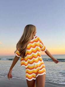 Women's Spring European And American Fashion Hollow Crochet Knit Short Sleeve Top And Casual Shorts Two Pieces Set Vacation - 多色 5 - 查看 5