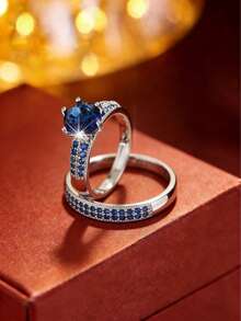 Bộ 2 nhẫn đôi sapphire thanh lịch, nhẫn đính hôn kiểu cung điện sang trọng, trang sức xếp chồng độc đáo. - nhẫn - Xem 3