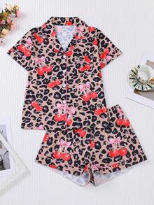 Marira Curve 2pcs Leopard Print & Cherry Blossom Bow Decor Plus Size Women Pajama Set, Soft Short Sleeve Shirt With Collar & Button, Elastic Waist Loose Shorts, Fashionable Sleepwear, Loungewear, Homewear For Daily, Holiday, Party - 棕色 - 查看 1