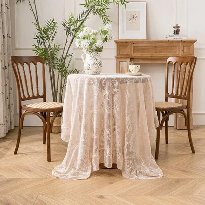 1pc Elegant Palace Style Lace Trim Tablecloth, Decorative Table Cover