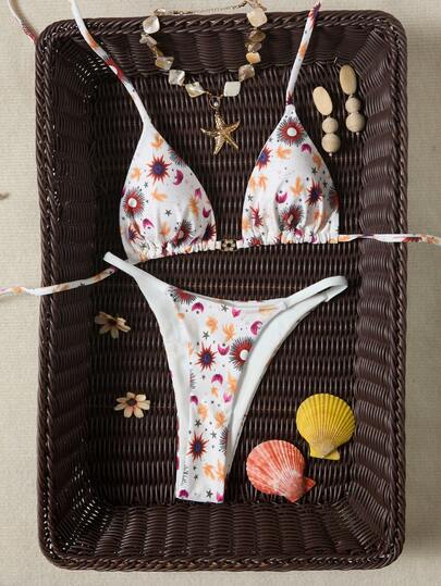 Women's Fashion Metal Pendant Multicolor Sexy Backless Necklace Sunflower Print Bikini Set, Side Tie Thong, High Stretch Swimwear, Summer Beach Vacation Casual