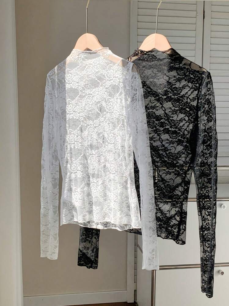 2pcs/Set Solid Color Turtleneck Lace Camisole, Suitable For Dates, Vacations, And Everyday Wear In Spring, Summer, Autumn And Winter. Women's Casual, Commuting, And Office Outfits. Summer Top, Lace Undershirt, Sexy And Pure Style - Black and White - View 2