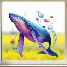 色彩鲜艳的鲸鱼跃出水面，周围环绕着水流和小鱼，窗贴，自粘式，适用于客厅、卧室、学校、办公室和浴室。 - A - 查看 6