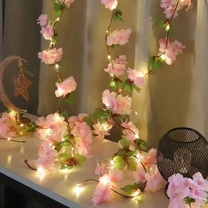 现代樱花仙女灯串 - 电池供电室内花卉装饰，适用于婚礼和特殊场合 - 开关控制，花卉主题，无需插电（不含电池）