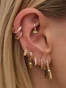 8pcs/Set Elegant Zirconia Clip-On Earrings, Minimalist Chic Jewelry Set Suitable For Women's Date, Party, Daily Commute - Yellow Gold - View 1