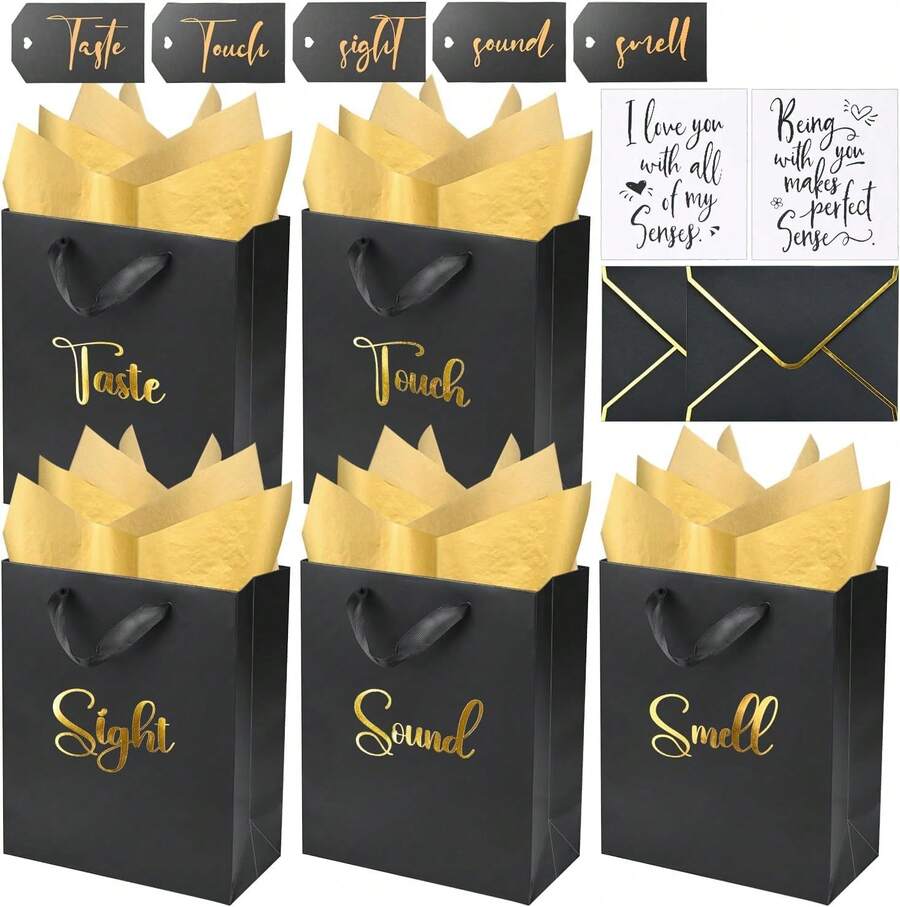 Gold Foil 5 Senses Gift Bags For Him Complete Gift Set With Labels Envelopes Cards Unique Present For Birthday Anniversary Valentine S 10x8x4 Inch - Black - View 1