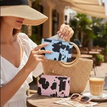 女士奶牛纹卡包钱包，金色拉链和钥匙环，可容纳多张卡片的信用卡夹，可爱动物图案拉链零钱包，时尚女孩配饰，有3种颜色可选（粉色、天蓝色、白色），完美的礼物之选。 - 彩色 - 查看 2