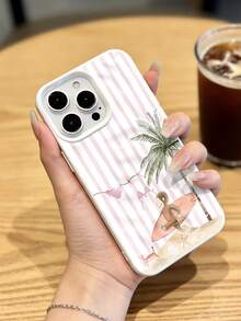 1 pieza Funda de teléfono suave, a prueba de polvo y agua, a prueba de golpes, con diseño de mono surfista a rayas rosa, adecuada para iPhone 17 Pro Max/17 Pro/16 Pro Max/16 Pro/16/15 Pro Max/15 Pro/15/14 Pro Max/14/13 Pro Max/13 Pro/13/12 Pro Max/12 Pro/12/11 - Blanco - Ver 3