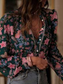 Women's Spring/Summer Digital Print Blouse, Fashionable Elegant Casual Loose Long Sleeve Stand Collar Cardigan, Luxurious Floral Print Shirt For Daily, Commute, Vacation, Versatile - Dark Green - View 3