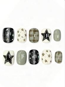 10pcs It's Named Star Plaid Ink Sequence. This Manicure Features A Monochromatic Palette Of Black, Off-White, And Sage Green, Paired With Metallic Star Motifs, Studded Large Star Accents, Vintage Plaid Patterns, And Speckled Details. - Multicolor - View 1