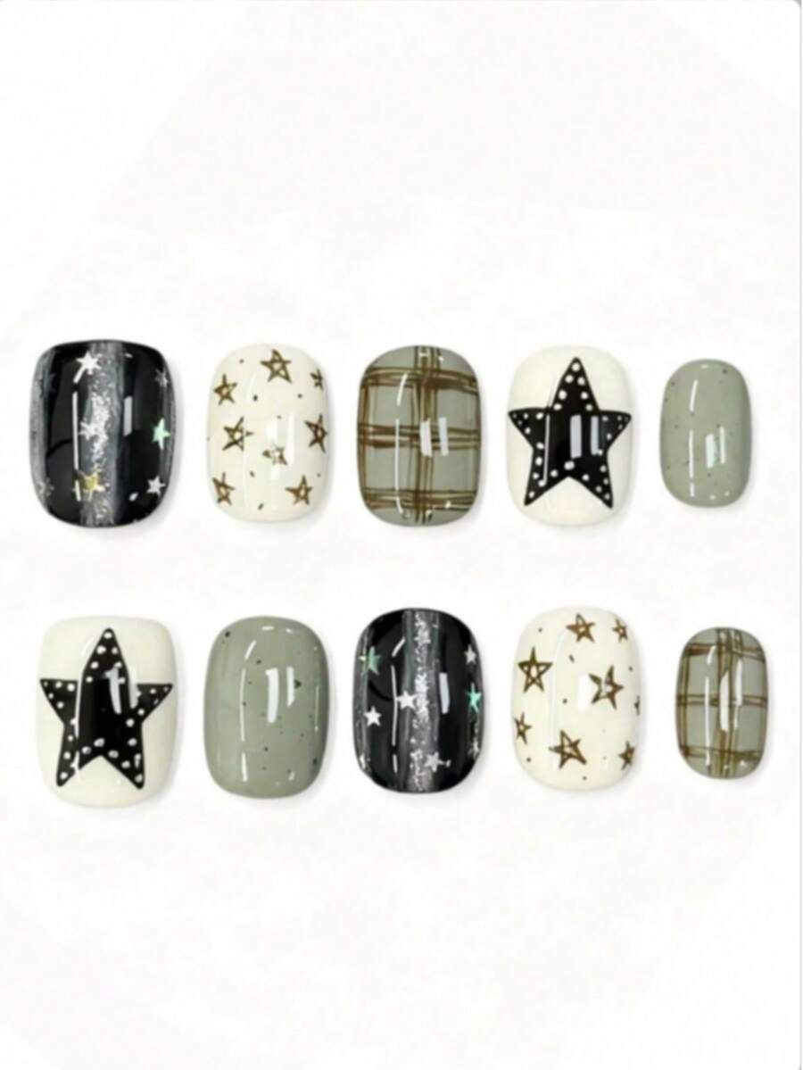10pcs It's Named Star Plaid Ink Sequence. This Manicure Features A Monochromatic Palette Of Black, Off-White, And Sage Green, Paired With Metallic Star Motifs, Studded Large Star Accents, Vintage Plaid Patterns, And Speckled Details. - Multicolor - View 1