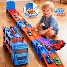 二合一儿童双轨赛车玩具，可折叠集装箱卡车设计，可收纳6辆合金小车，一键发射，儿童轨道玩具，男孩玩具车，生日/节日礼物 - 彩色 - 查看 5