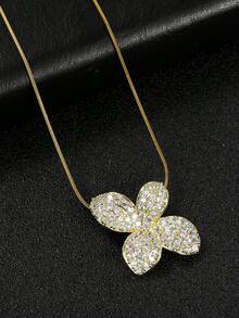 1pc Fashion Cubic Zirconia Flower Pendant Necklace, Snake Bone Clavicle Chain, Daily Wear Gift For Women - Gold - View 3