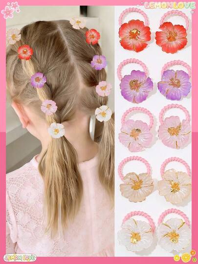 10pcs Girls Dopamine Flower Elastic Hair Ties, Multi-Color Decor Hair Accessories Suitable For Long & Short Hair, Can Be Worn Daily And For Braiding