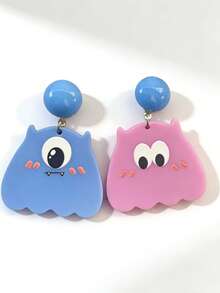 1对2件装可爱不对称耳环，绿色球形耳钉，粉色和蓝色卡通怪兽设计耳环，适合女性日常佩戴、派对、礼物 - 彩色 - 查看 6