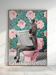 1pc, Canvas Wall Art, Framed Wall Art, Fun Zebra On The Toilet Poster, Tropical Plant Bathroom Art, Pink Poster, Zebra Reading The Newspaper, Bathroom And Toilet Animal Decor, Modern Aesthetic Decor, Apartment Decor, Stylish Home Decor, Room Decor Aesthetics, Dorm Room Decor, Living Room Decor, Bathroom Decor, Kitchen Decor, Decorative Gifts, Housewarming Gifts - Zebra - View 6