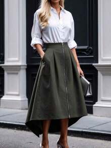 Women's Elegant Single-Breasted Long Sleeve Top And Contrast Color Zipper Skirt 2-Piece Set, Commuting, Elegant, Casual, Zipper, Spring/Summer - Trắng-xanh - Xem 2