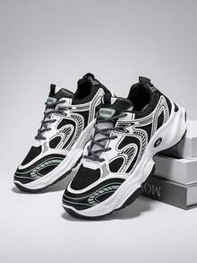 男士圆头系带厚底休闲舒适运动鞋，学生款 - 黑色 - 查看 8